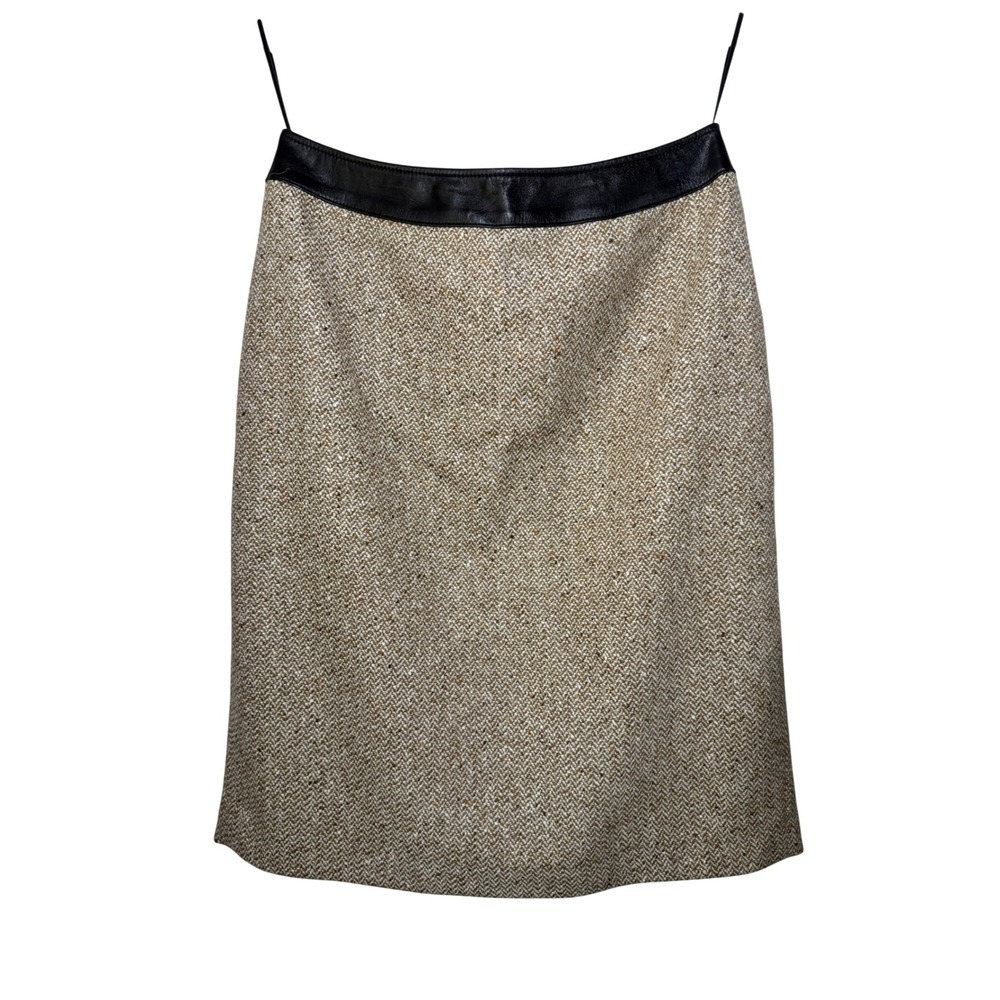 Lafayette 148 New York Wool Silk Herringbone Pencil Skirt Leather Trim Size 10